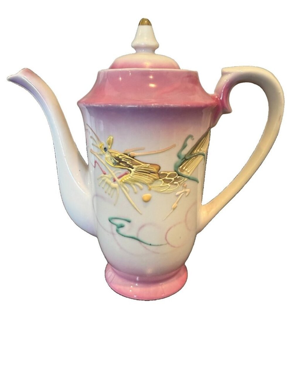 Vtg Pink, White & Teal Moriaga Style Dragonware Teapot 3D Hand Paint Gold Dragon